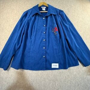 R&K Original Woman Blue Faux Suede Button Front Blouse‎ Floral Embroidered 18W